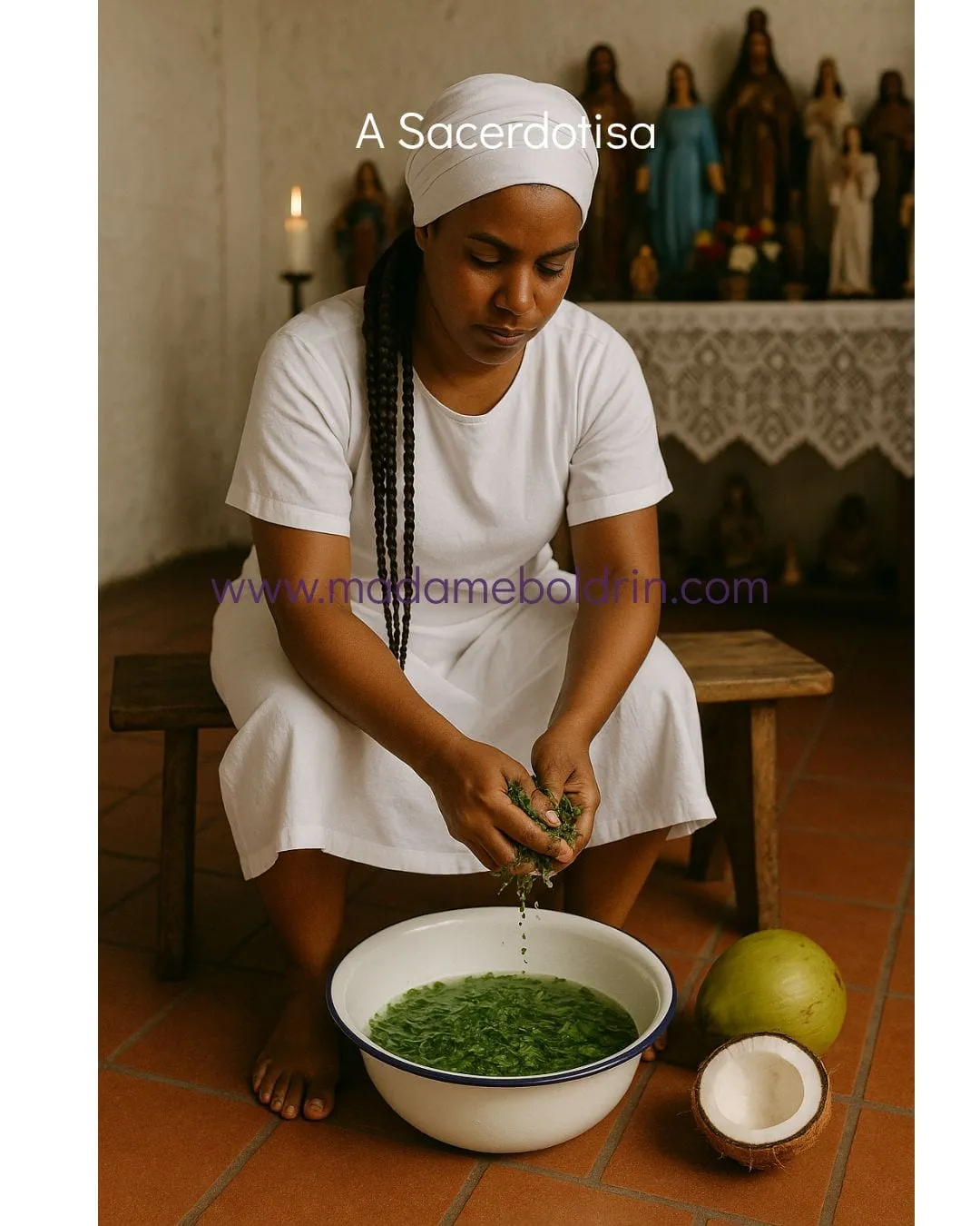 Mulher de branco preparando um cuidado com ervas para o Orí