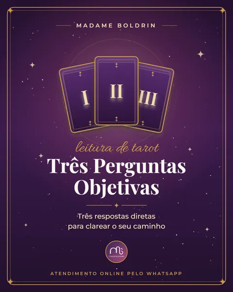 Banner da leitura Três Perguntas Objetivas: três cartas de tarot marcadas I, II e III